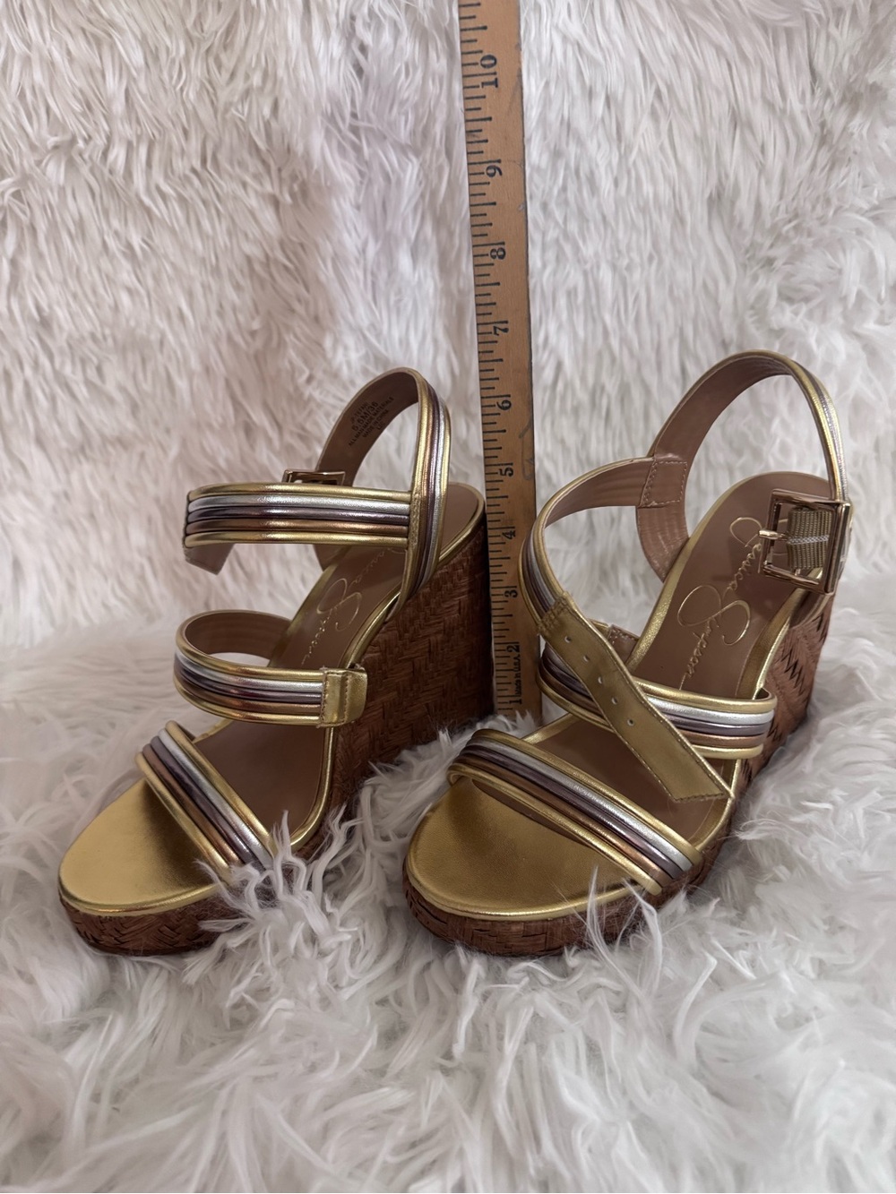 Jessica Simpson Gold and Metallic Multi-Stripe Wedge Sandals